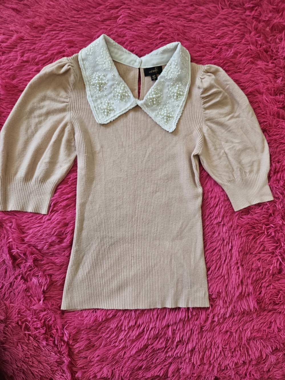 Pearl-Embellished Cream Knit Sweater with Decorative Collar